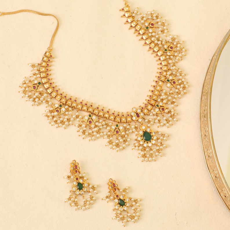 Premal Antique Gold Plated Short Necklace & Drop Earring Indian Jewelry Set