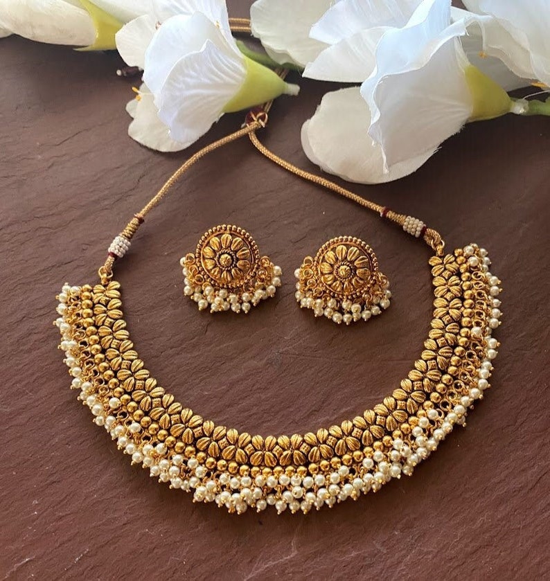 Gold Necklace Set_pearl Choker_indian Choker Necklace_