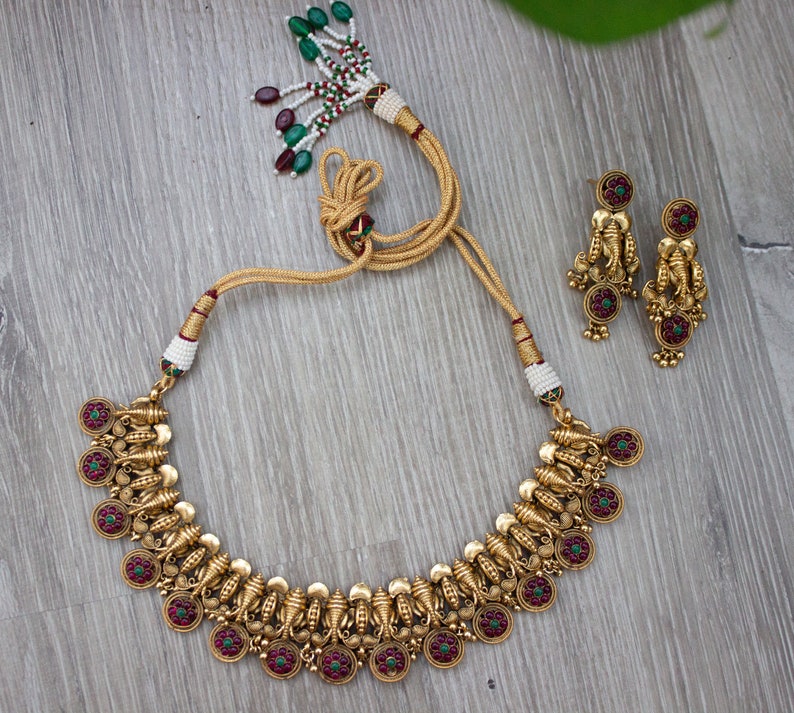 Ganesha Kemp Necklace Set, Guttapusalu Necklace Set,