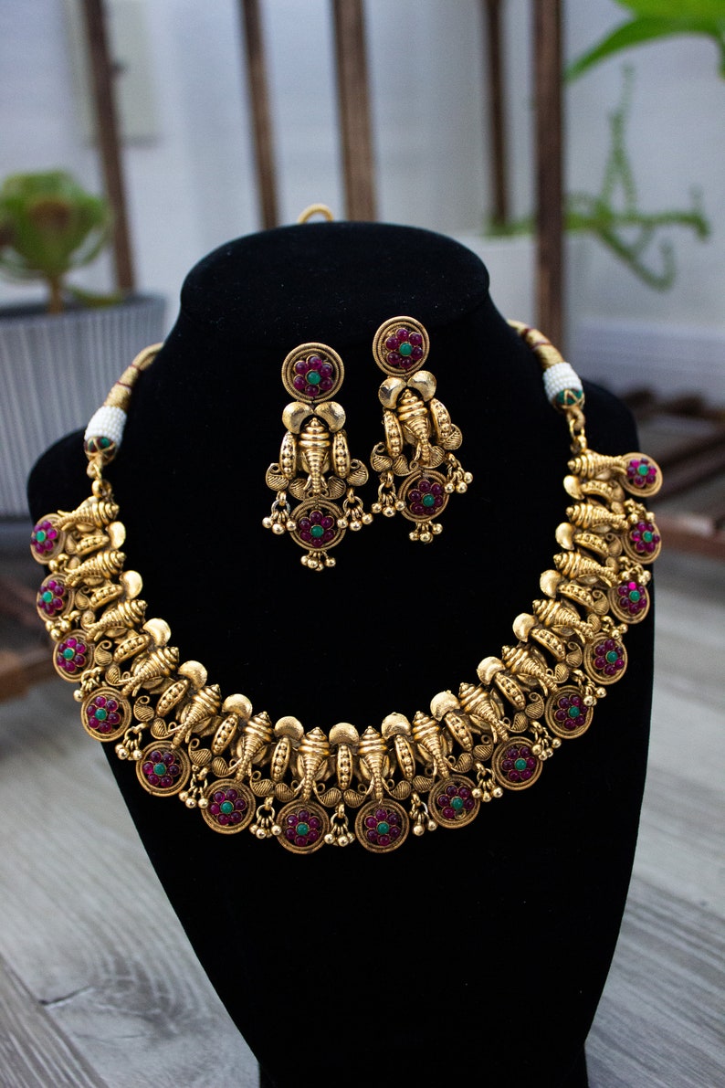 Ganesha Kemp Necklace Set, Guttapusalu Necklace Set,