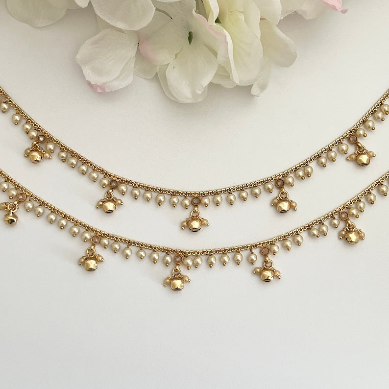 Traditional Gold Moti Anklet Payal Simple Pearl Temple