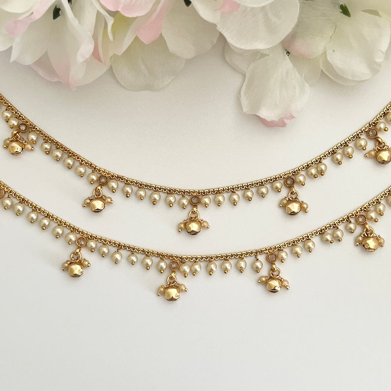 Traditional Gold Moti Anklet Payal Simple Pearl Temple