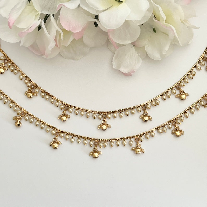 Traditional Gold Moti Anklet Payal Simple Pearl Temple