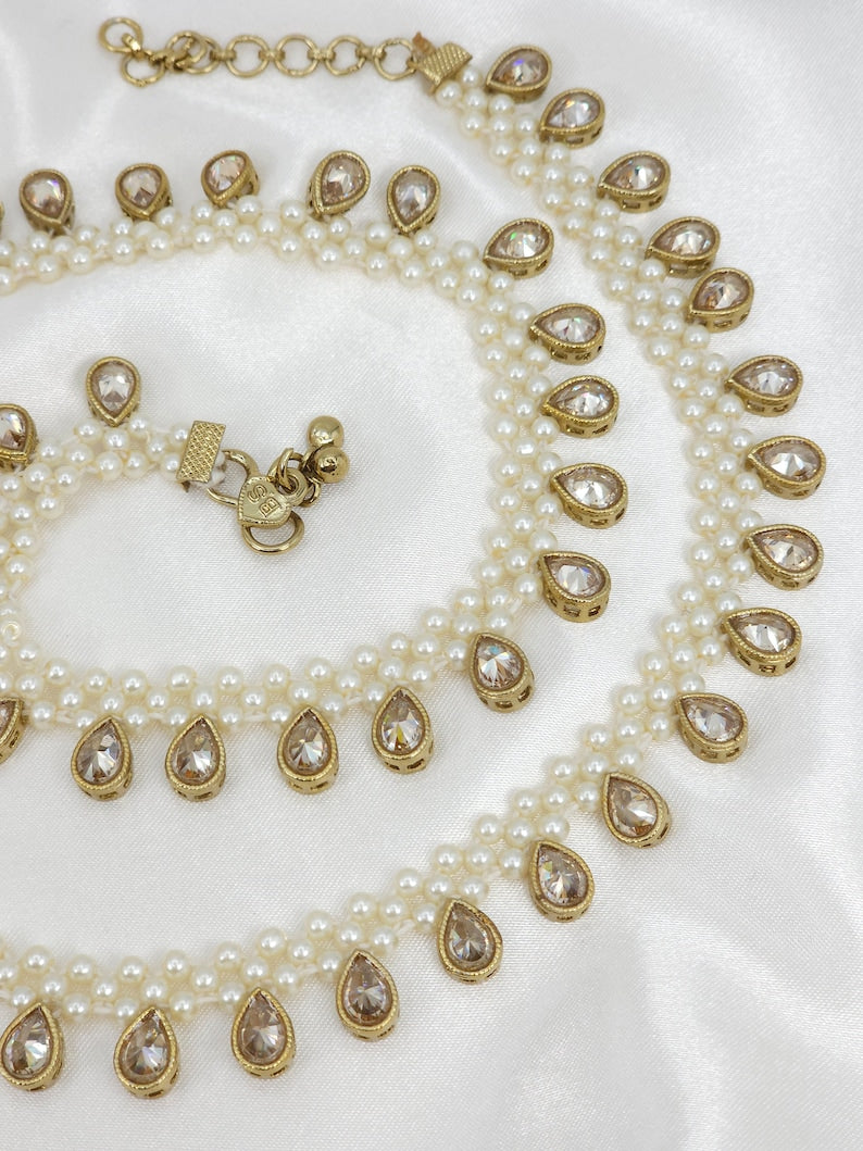 Meera Pair of Antique Gold American diamond Statement Anklets, Jhanjara, Payal, Indian Jewelery, Pakistani Jewellery