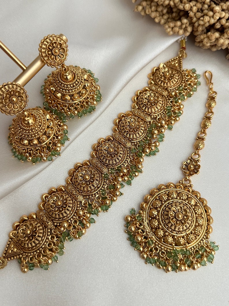 Gold Tone Imitation Choker Earrings Set _indian Jewelry_antique Gold Jewellery_punjabi Jewelry