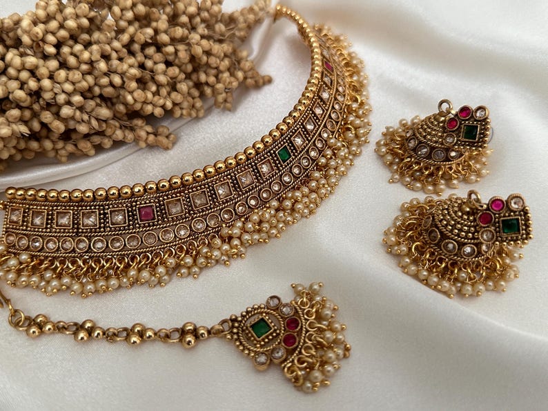Buy Gold Imitation Pearl Polki Jhumki Necklace Kundan Polki Set