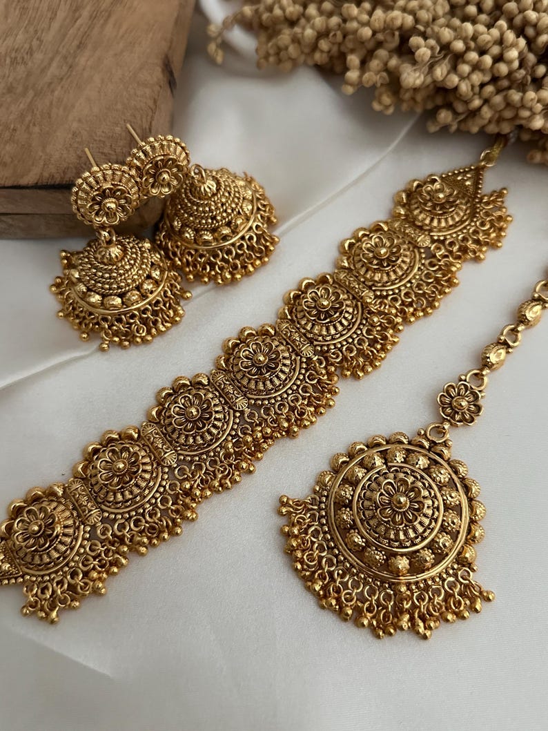 Gold Tone Imitation Choker Earrings Set _indian Jewelry_antique Gold Jewellery_punjabi Jewelry
