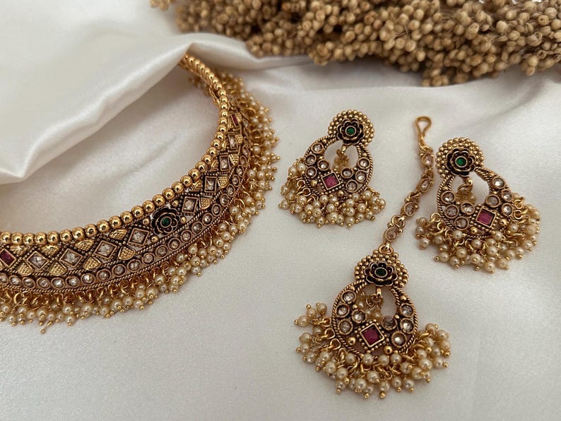 Buy Gold Imitation Pearl Polki Jhumki Necklace Kundan Polki Set