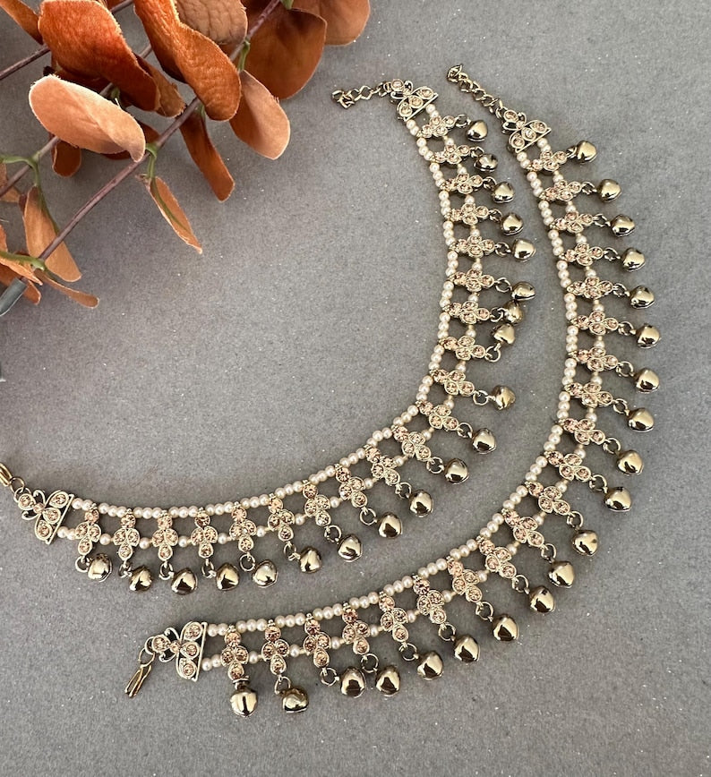 Gg Pretty Imitation Rhinestones Beads JhanjarPayal Bell Ghungru Anklets