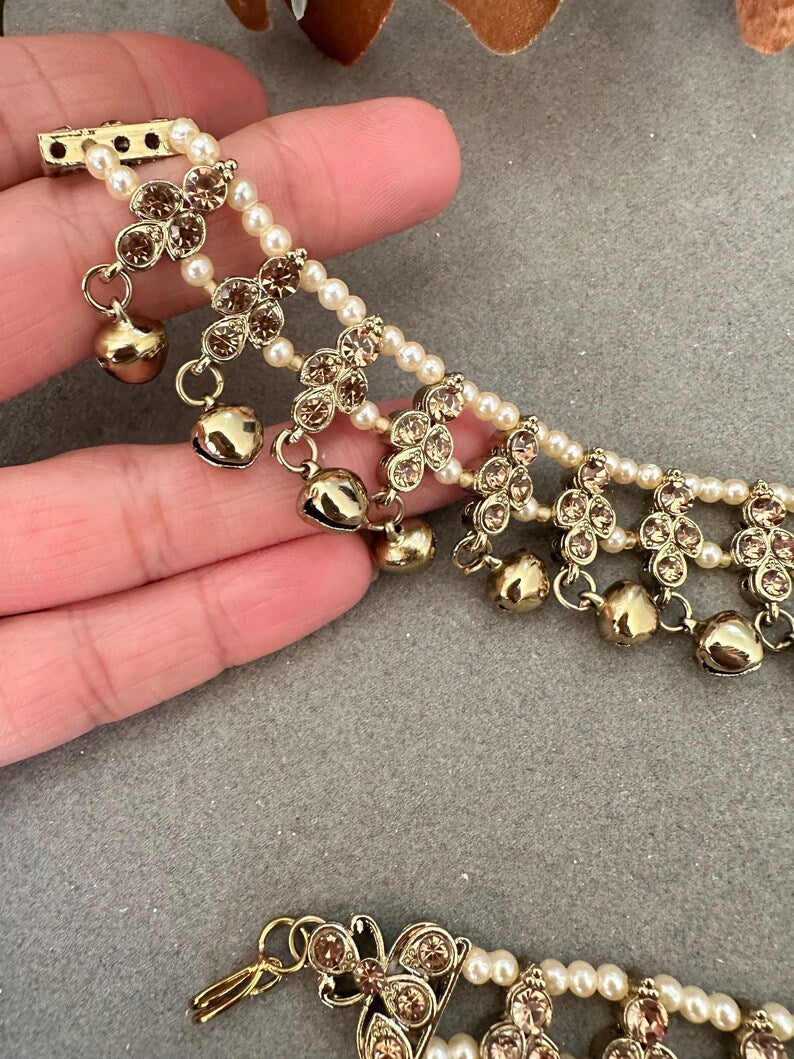 Gg Pretty Imitation Rhinestones Beads JhanjarPayal Bell Ghungru Anklets