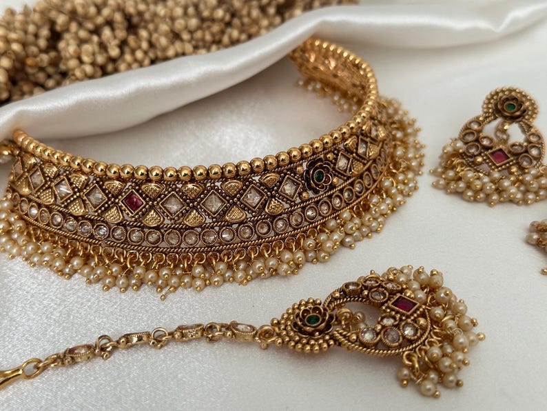 Buy Gold Imitation Pearl Polki Jhumki Necklace Kundan Polki Set