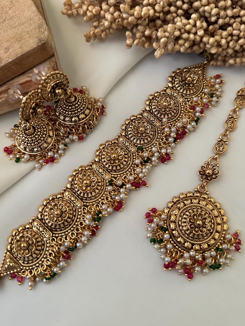 Gold Tone Imitation Choker Earrings Set _indian Jewelry_antique Gold Jewellery_punjabi Jewelry