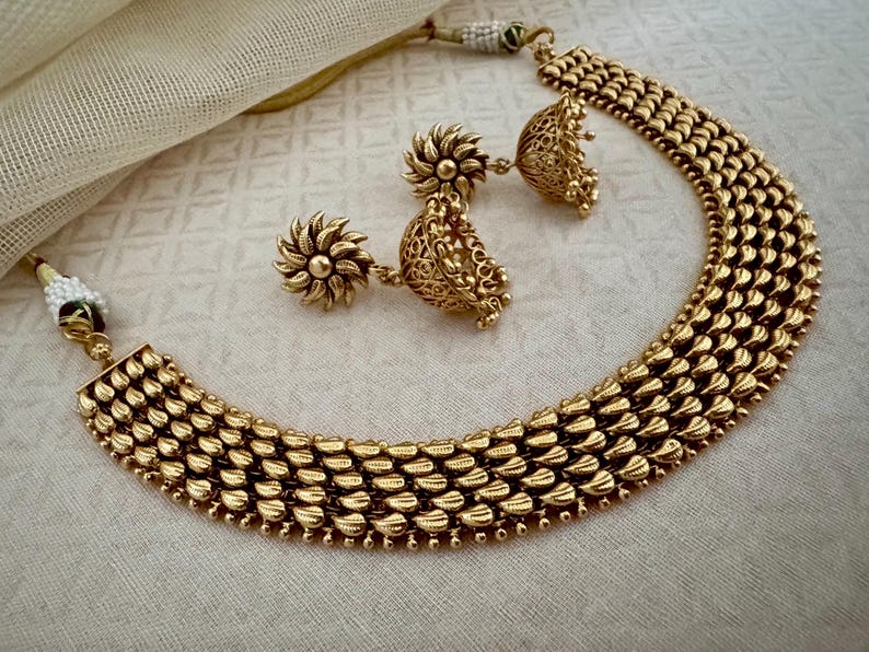 South Indian Wedding Bollywood Kundan Polki Bridal Oxidized Gold Temple Necklace Earrings