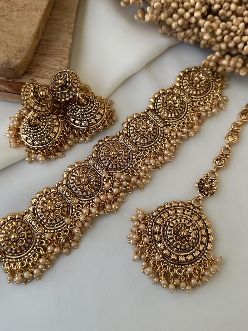Gold Tone Imitation Choker Earrings Set _indian Jewelry_antique Gold Jewellery_punjabi Jewelry