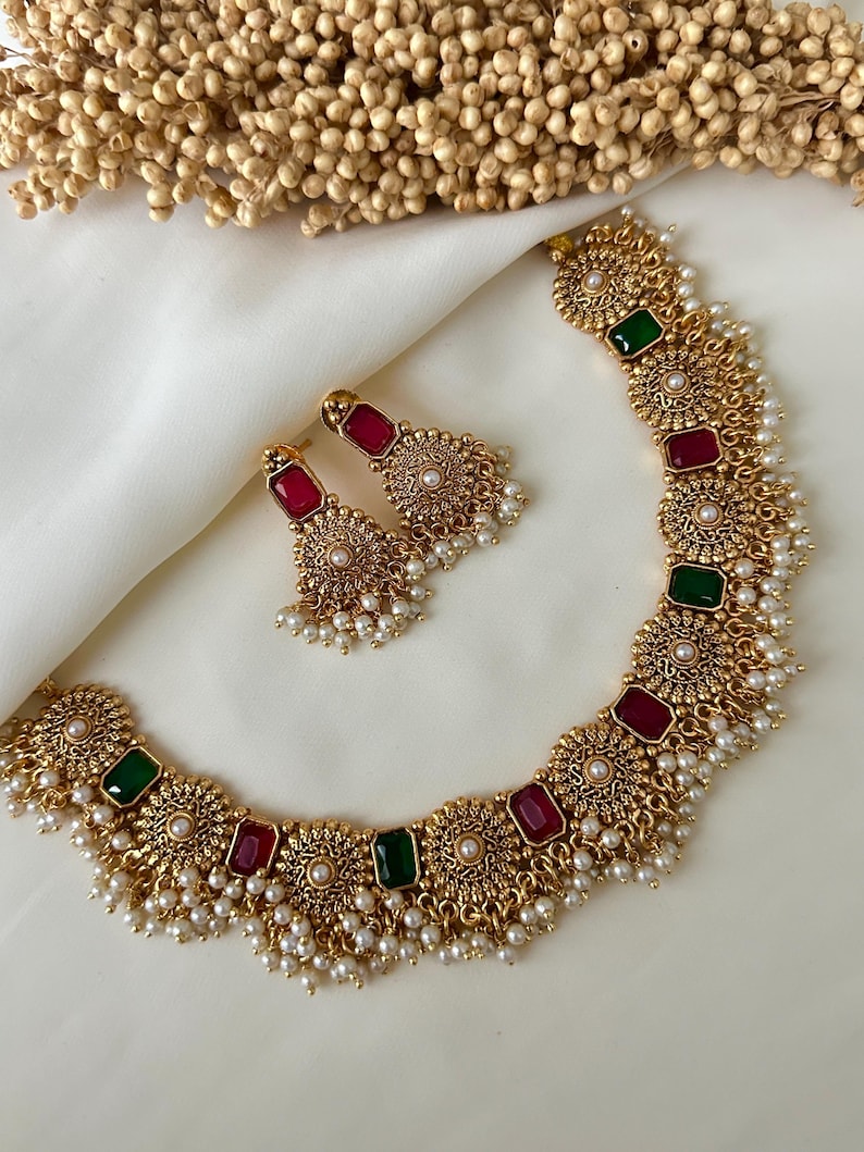 Gold Imitation Pearl Necklace Polki Set Earrings Indian Wedding
