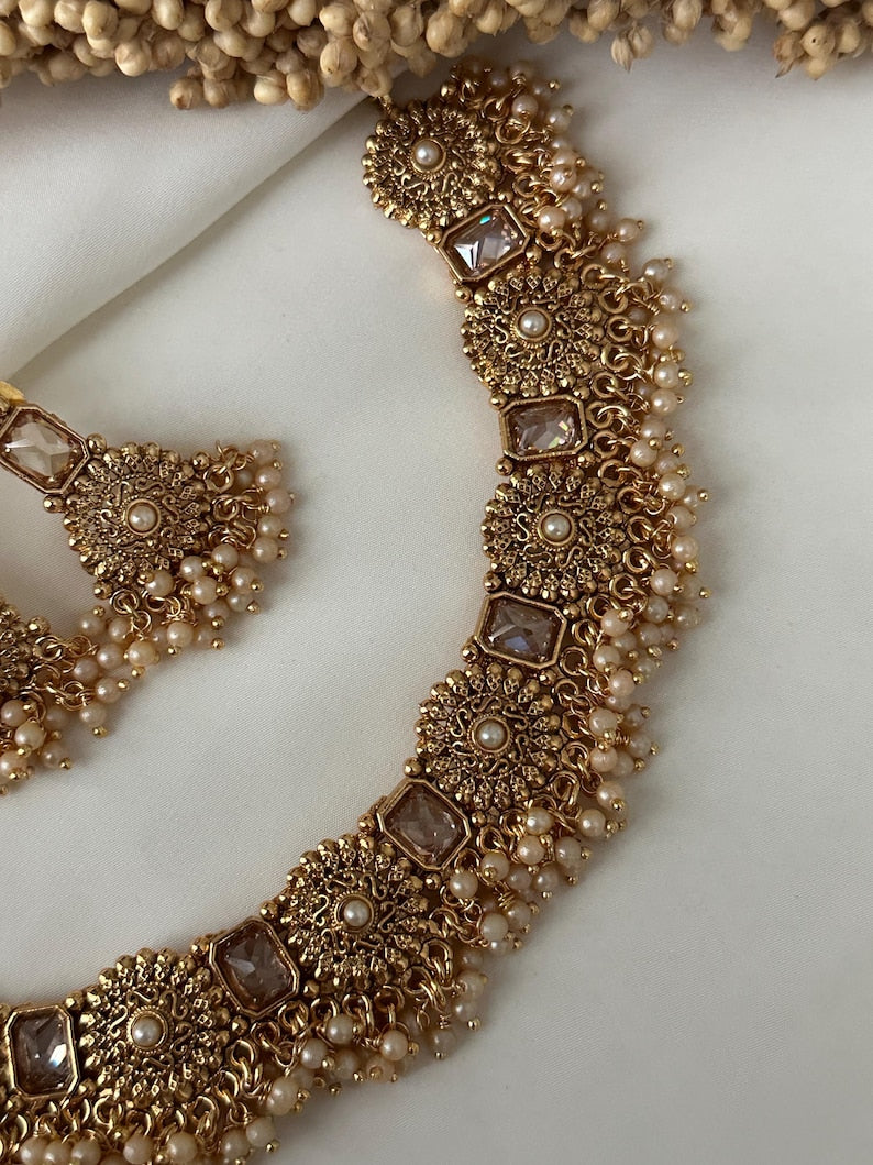 Gold Imitation Pearl Necklace Polki Set Earrings Indian Wedding