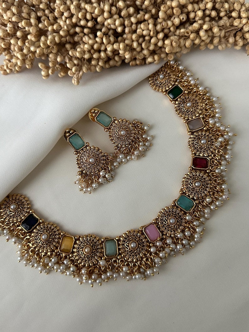 Gold Imitation Pearl Necklace Polki Set Earrings Indian Wedding