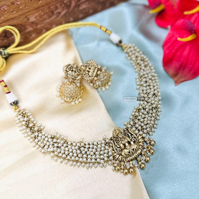 Golden Lakshmi Ji Kemp Stone Beaded Temple Necklace Set,