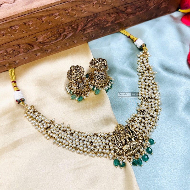 Golden Lakshmi Ji Kemp Stone Beaded Temple Necklace Set,