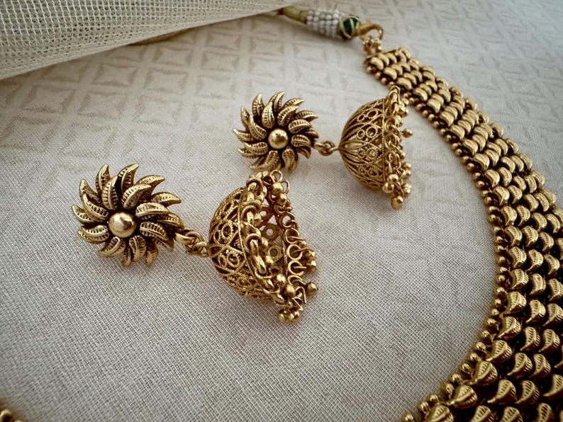 South Indian Wedding Bollywood Kundan Polki Bridal Oxidized Gold Temple Necklace Earrings