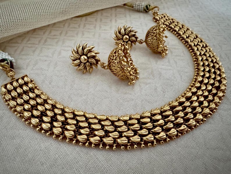 South Indian Wedding Bollywood Kundan Polki Bridal Oxidized Gold Temple Necklace Earrings