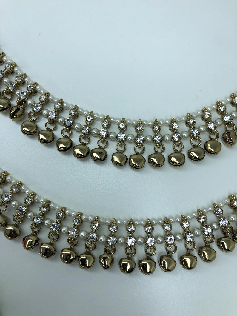 Antique Anklets Pair with Double White Stone AdjustableSize Anklets Payal Jhanjran Punjeban Ghungroo Payal