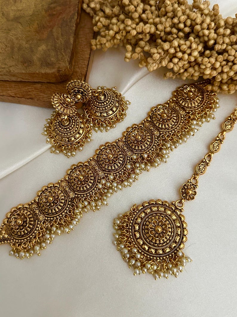 Gold Tone Imitation Choker Earrings Set _indian Jewelry_antique Gold Jewellery_punjabi Jewelry