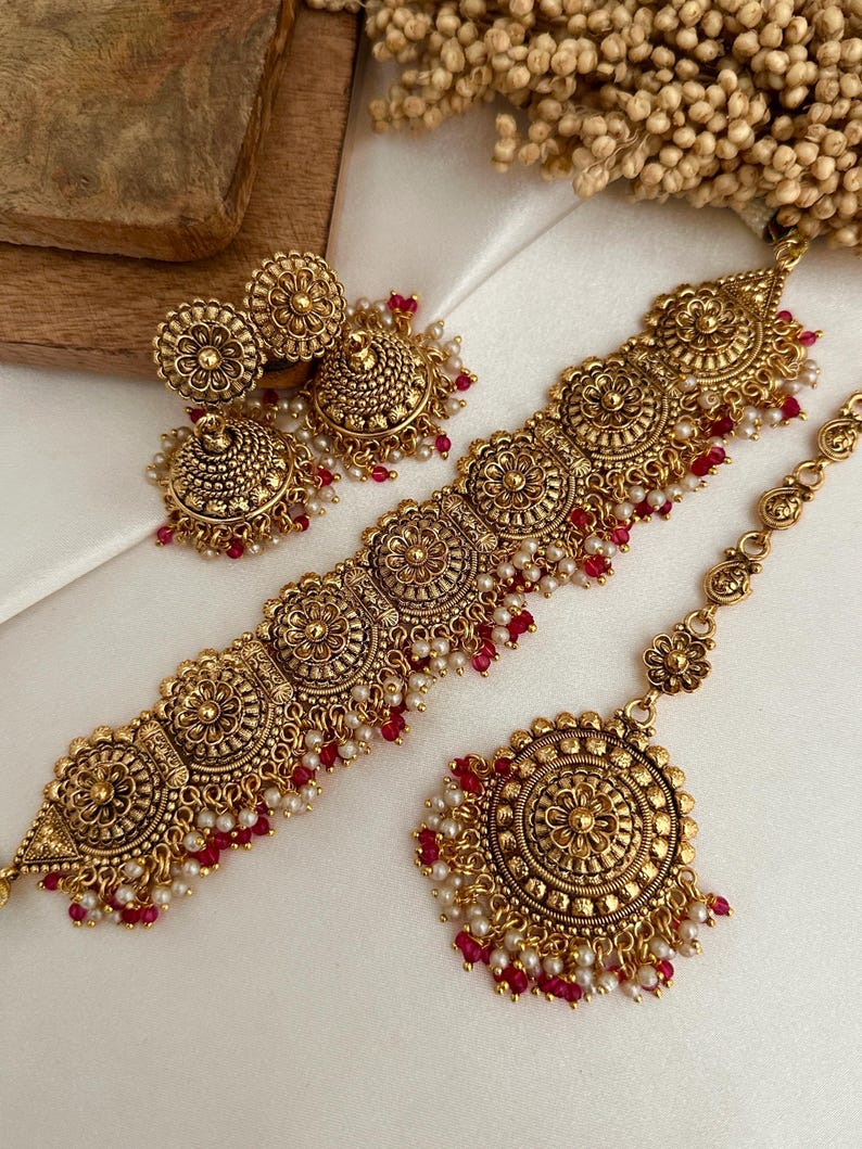 Gold Tone Imitation Choker Earrings Set _indian Jewelry_antique Gold Jewellery_punjabi Jewelry