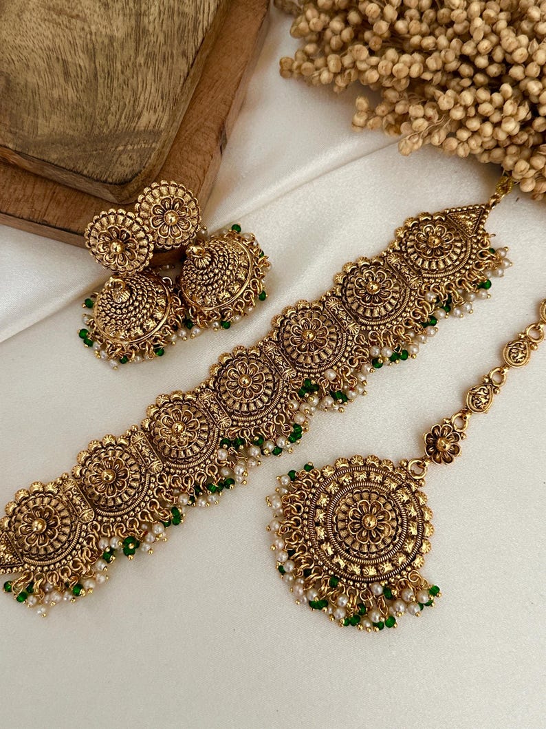Gold Tone Imitation Choker Earrings Set _indian Jewelry_antique Gold Jewellery_punjabi Jewelry