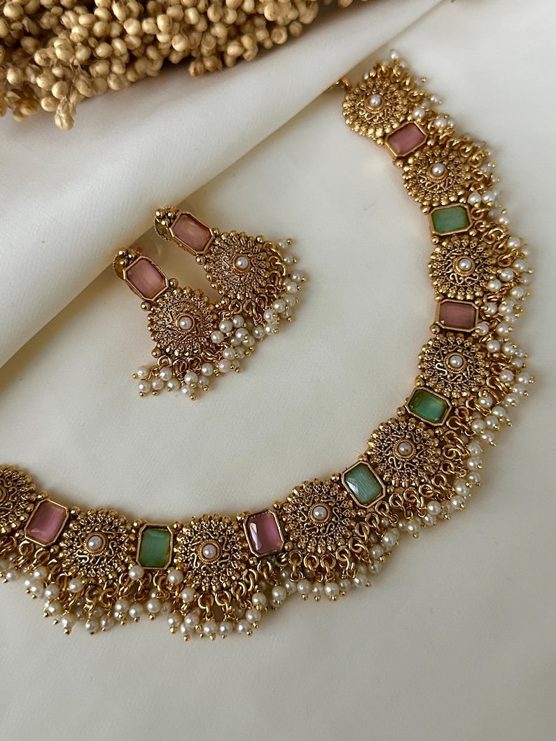 Gold Imitation Pearl Necklace Polki Set Earrings Indian Wedding