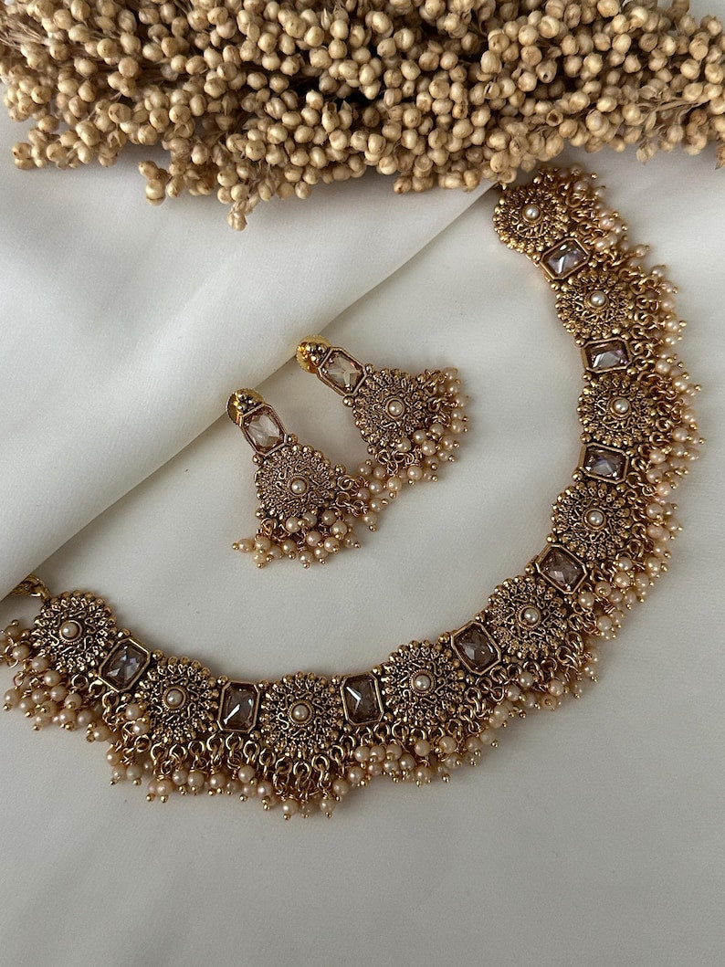 Gold Imitation Pearl Necklace Polki Set Earrings Indian Wedding