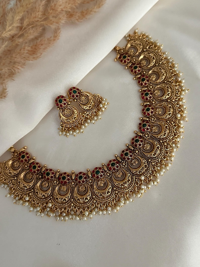 Gold Imitation Pearl Necklace Kundan Polki Set Red Green Indian Wedding