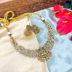 Golden Lakshmi Ji Kemp Stone Beaded Temple Necklace Set,