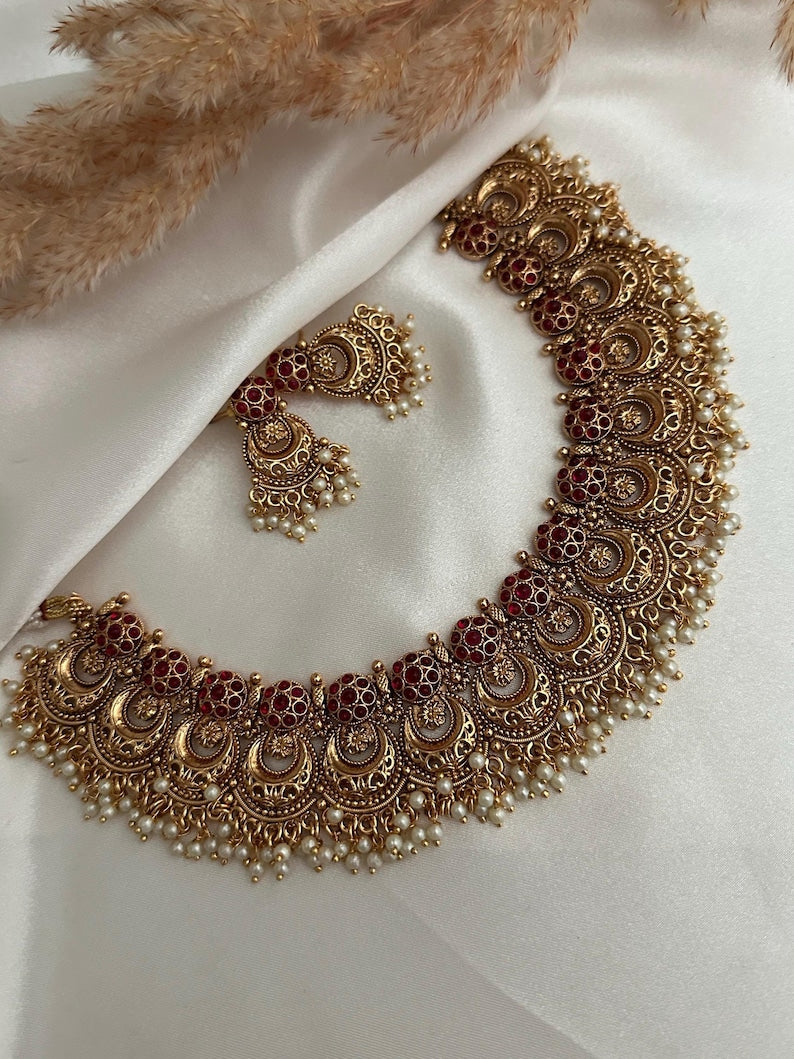 Gold Imitation Pearl Necklace Kundan Polki Set Red Green Indian Wedding