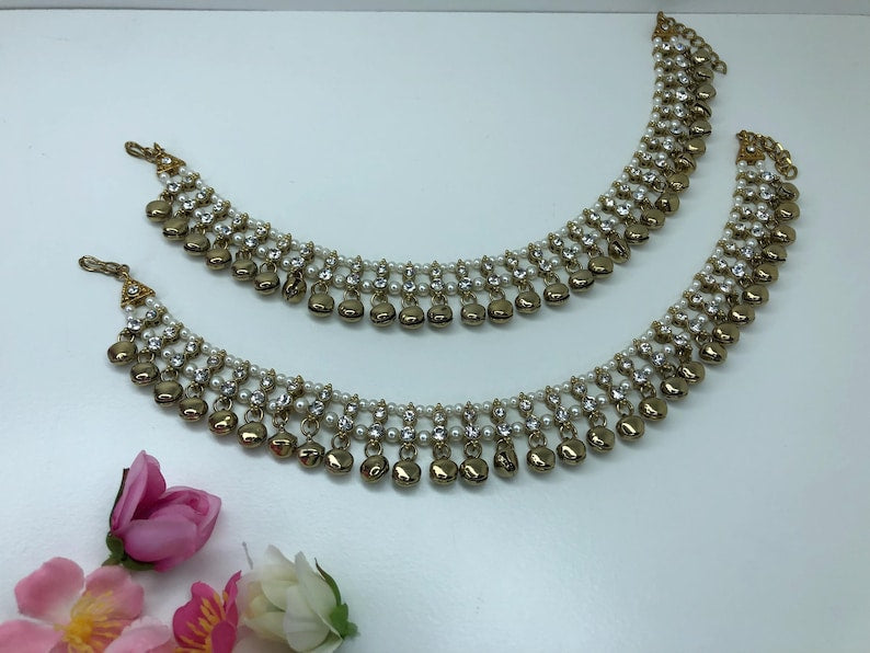 Antique Anklets Pair with Double White Stone AdjustableSize Anklets Payal Jhanjran Punjeban Ghungroo Payal