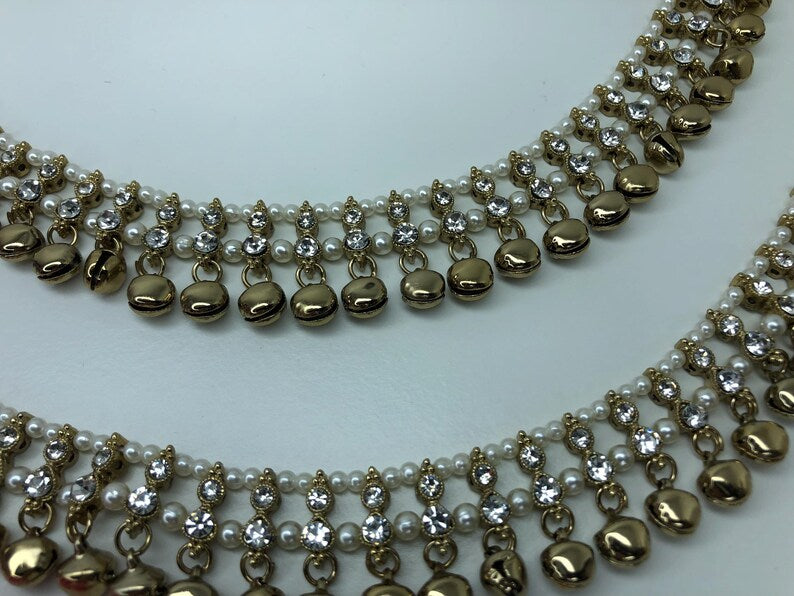 Antique Anklets Pair with Double White Stone AdjustableSize Anklets Payal Jhanjran Punjeban Ghungroo Payal