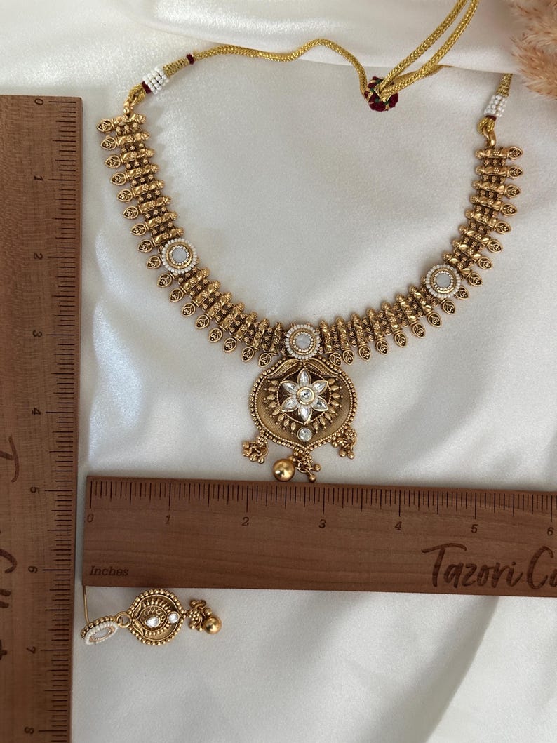 Gold Matte Imitation Pearl Necklace Set Earrings Indian Wedding Necklace Punjabi