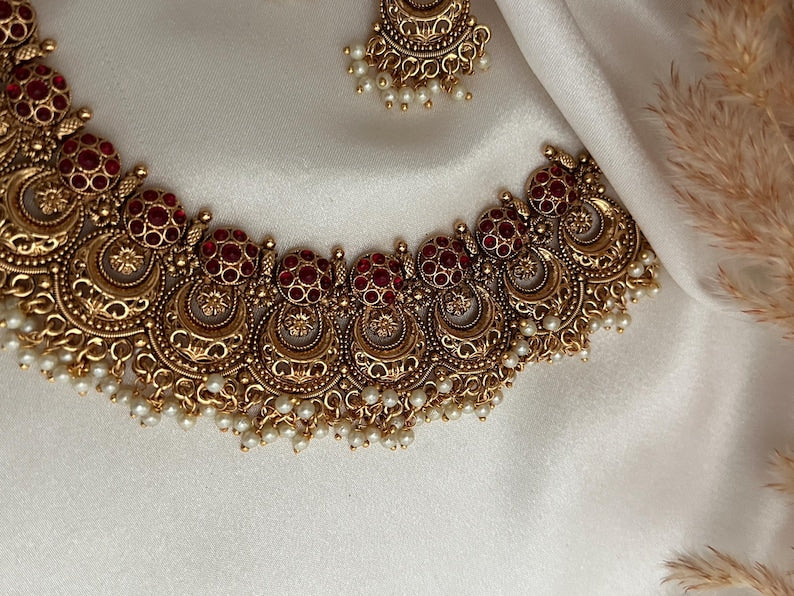 Gold Imitation Pearl Necklace Kundan Polki Set Red Green Indian Wedding