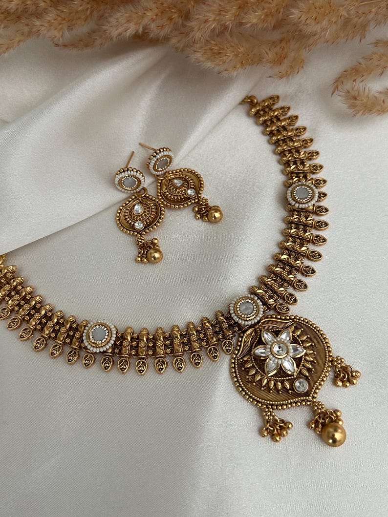 Gold Matte Imitation Pearl Necklace Set Earrings Indian Wedding Necklace Punjabi