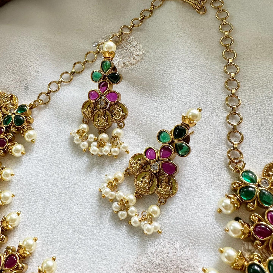 Antique Lakshmi coin three petal pearl short set