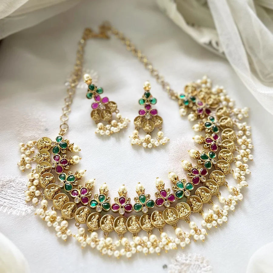 Antique Lakshmi coin three petal pearl short set