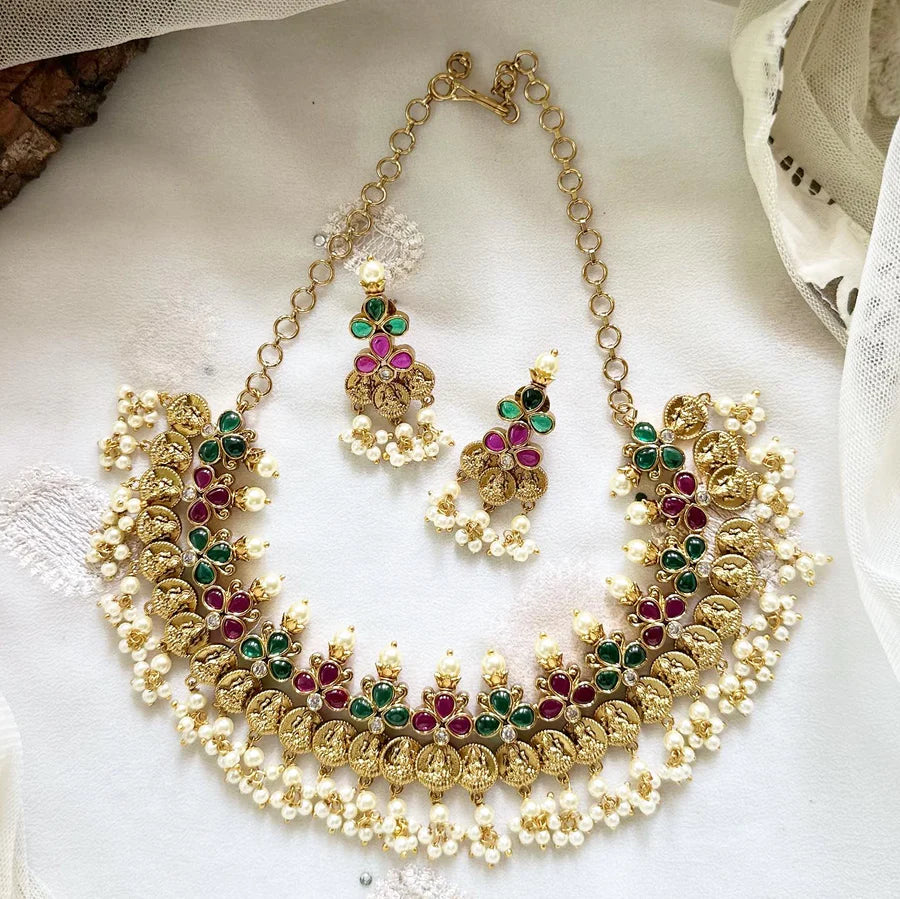 Antique Lakshmi coin three petal pearl short set