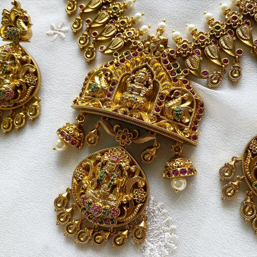 Antique matte Lakshmi peacock lotus short haaram set