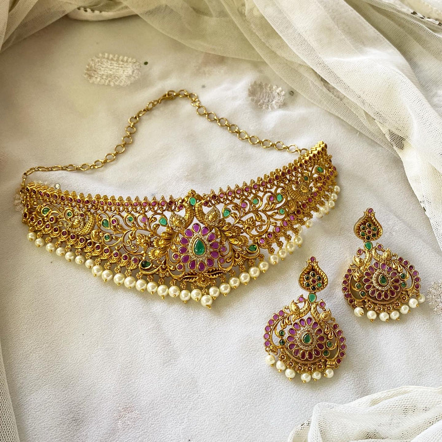 Antique matte bridal florar chokar set