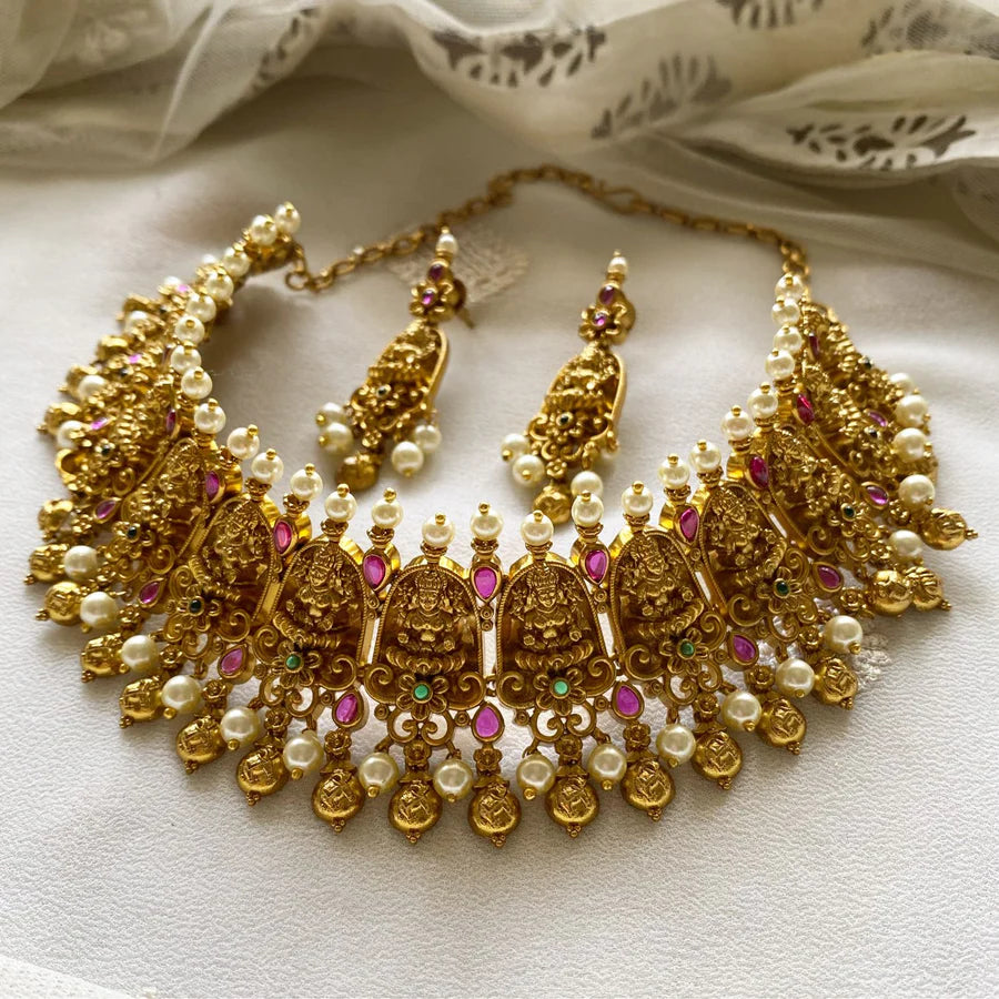 Matte Lakshmi temple pearl spike short set