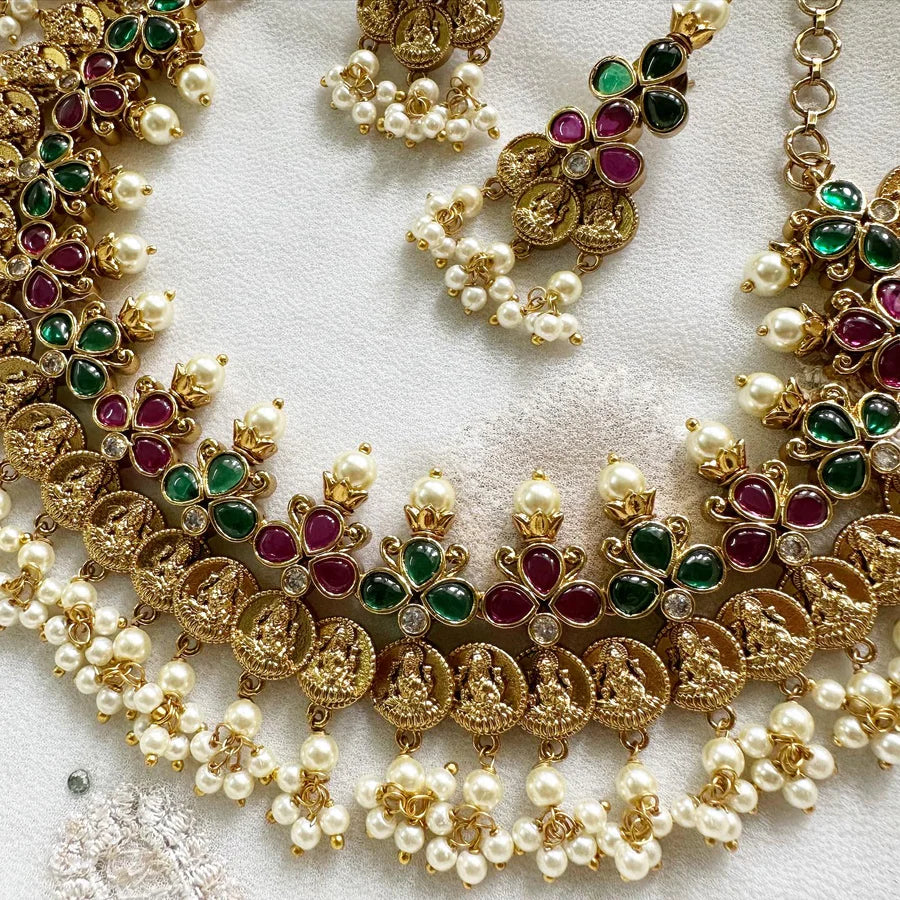 Antique Lakshmi coin three petal pearl short set