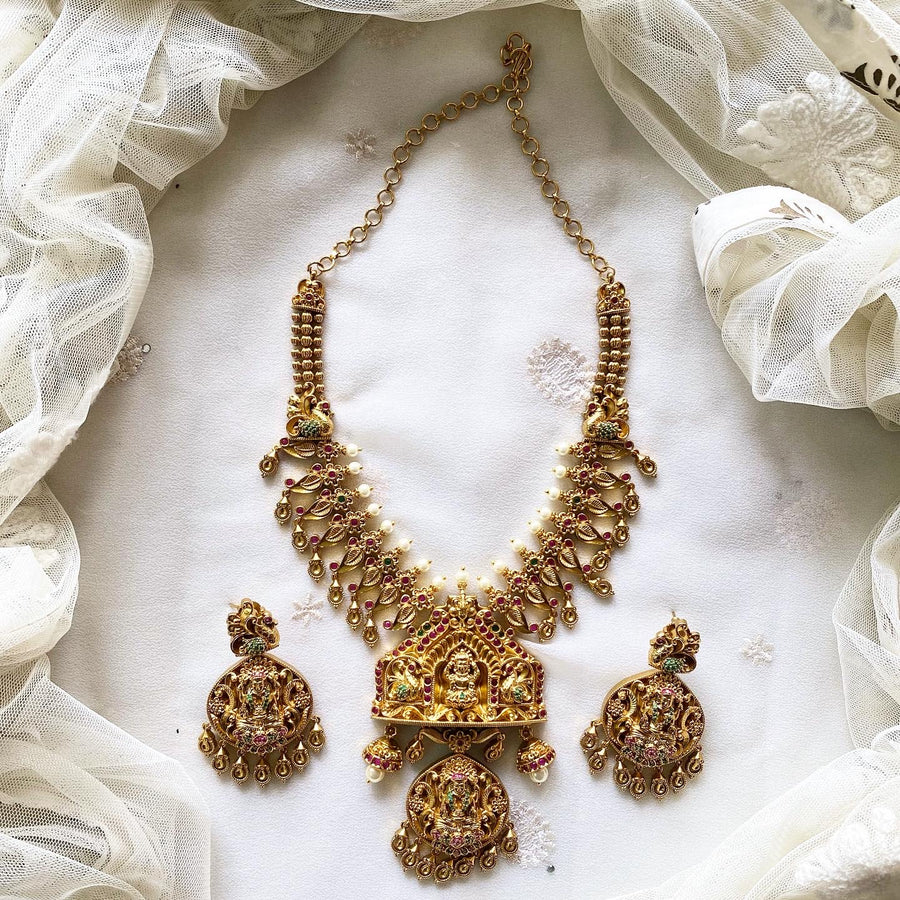 Antique matte Lakshmi peacock lotus short haaram set
