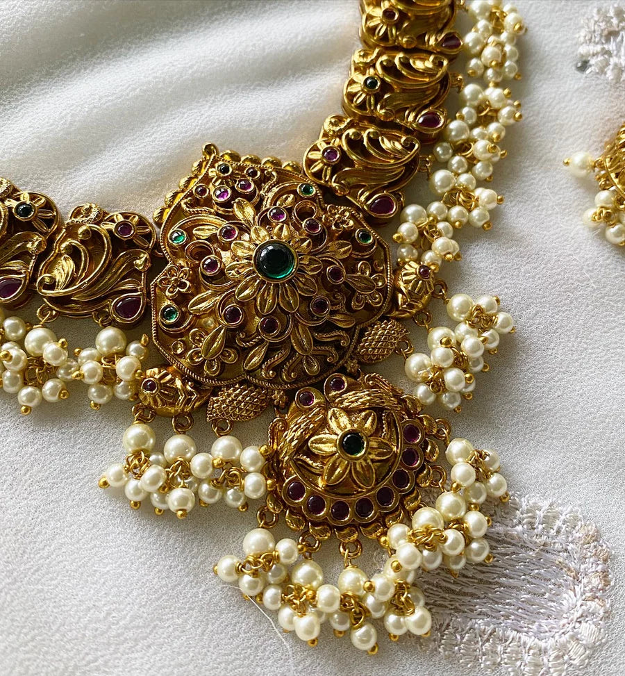 Antique matte kemp floral  swirl long haram set