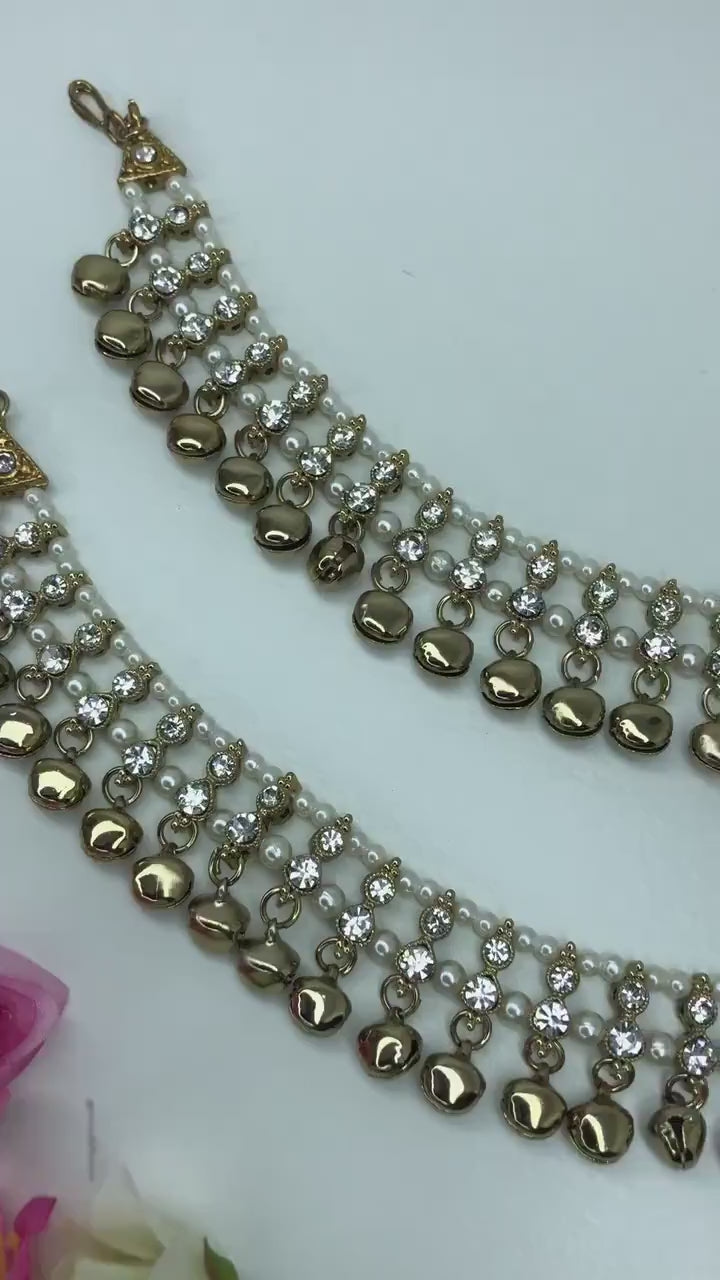 Antique Anklets Pair with Double White Stone AdjustableSize Anklets Payal Jhanjran Punjeban Ghungroo Payal