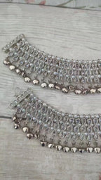 Pair of Full Silver Polki Stone Indian Asian Payals Anklets with Bells Bridal Wedding